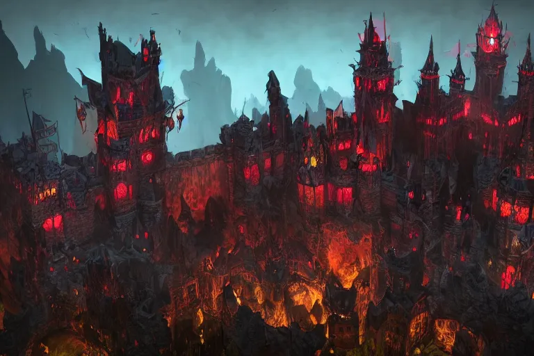 Image similar to big evil castle - city rock dark shadow elves, might and magic heroes vii, dark fantasy, shadows, artstation trending, unreal engine 5, red