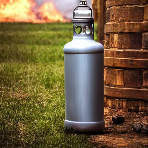 Prompt: an award winning advertisement photo of a translucent glass vodka bottle in the style of a propane cylinder with fire surrounding it