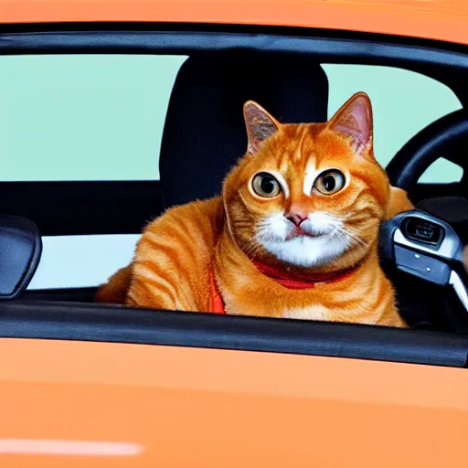 Prompt: an anthropomorphic orange tabby cat driving a car, his paws are on the steering wheel