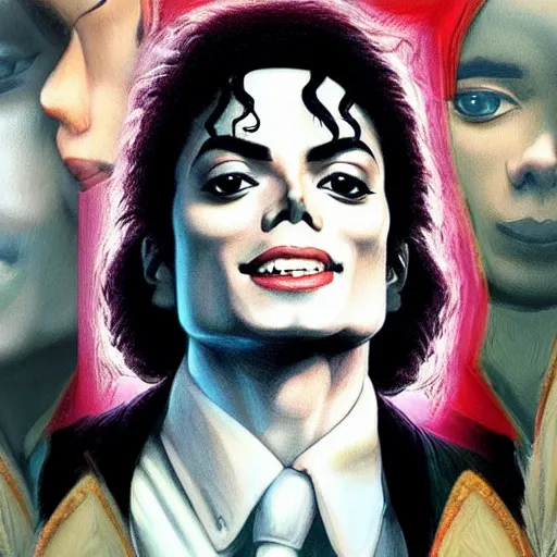 Prompt: michael jackson as saint. matte, facial features, symmetrical anatomy, hyperdetailed, post modern comic color, baroque, pop punk art style, fantasy, body features, posse features, without duplication, art by artgerm and ilya kuvshinov and vinicius gud and gustavo zambelli, intricate.