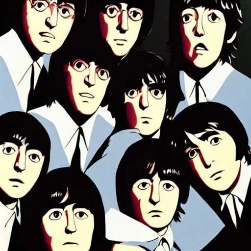 Image similar to the beatles, studio ghibli, john lennon, paul mccartney, george harrison, ringo starr