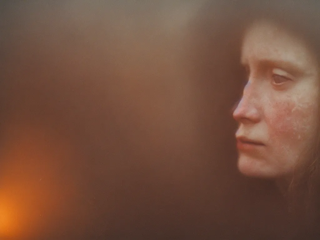 Image similar to close up portrait bust of woman, solemn expression, faded color film, russian cinema, tarkovsky, kodachrome, heavy forest, wood cabin in distance, long brown hair, old clothing, heavy fog, atmospheric haze, brown color palette, sunset, low light, hudson river school, 4 k, dramatic lighting