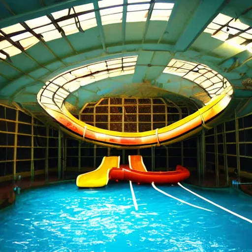 Prompt: dark, empty indoor children's water park with water slides, night time, no lights, hazy, dream - like, liminal space