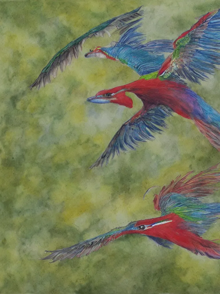 Prompt: A realistic painting of a Quetzal in flight, watercolour, pastel colours,