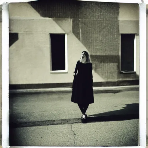 Image similar to instant photograph of a woman smoking in the streets, polaroid, rule of thirds, nostalgic, modern clothing, raw, light leak