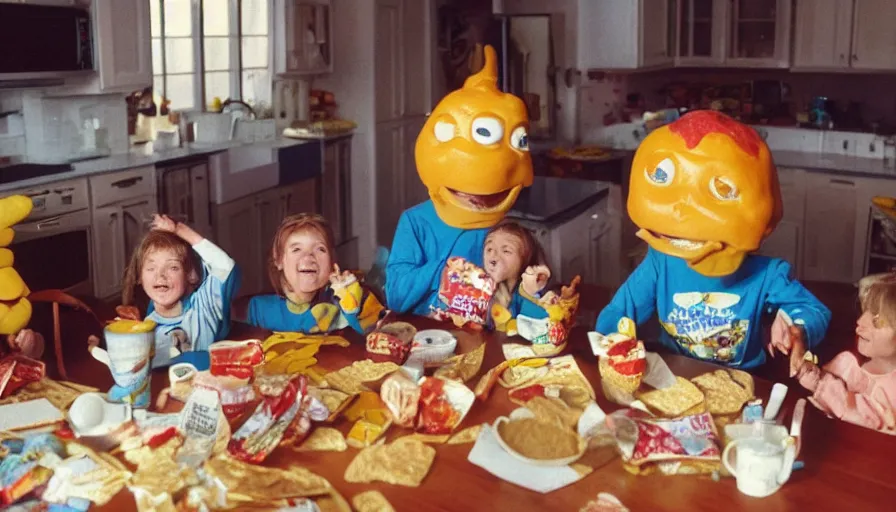 Image similar to 1 9 9 0 s candid 3 5 mm photo of a beautiful day in the family kitchen, cinematic lighting, cinematic look, golden hour, an absurd costumed mascot from the wacky giant face space club show is forcing the children to eat cereal, children are eating way too much cereal, uhd