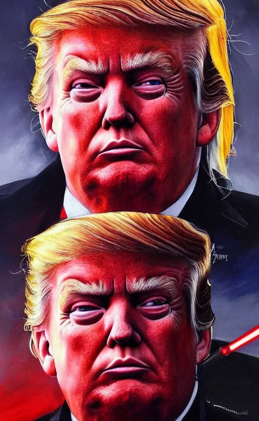 Image similar to « a beautiful painting of donald trump as a sith lord portrait, very realistic, trending on artstation »