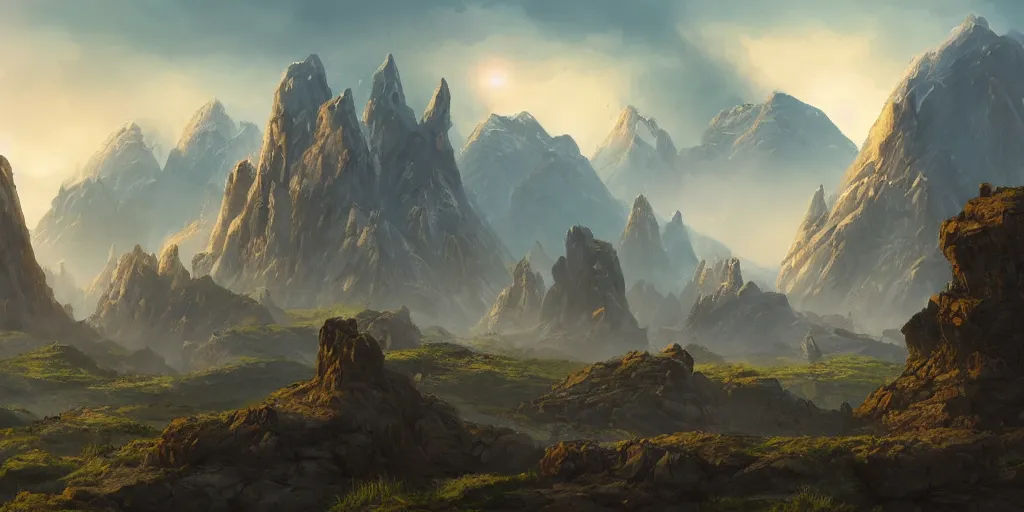 Prompt: The Sci-Fi stone landscape with mountains in the background wallpaper, d&d art, fantasy, painted, 4k, high detail, sharp focus