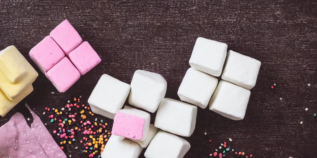 Prompt: photograph of a marshmallow cubes with sprinkles and on a dark wooden chopping board, pastel colours, hessian cloth, styled food photography, photorealistic, 4 k, coffee, chocolate, hdr, 8 k