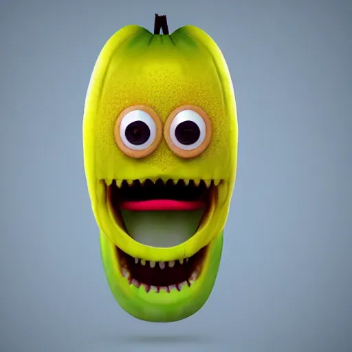 Image similar to a banana with human teeth and eyes, visible skin pores, the banana is sweating, highly detailed, highly realistic, uncanny.