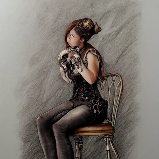 Image similar to hyper realistic full body pencil drawing of a woman steampunk sitting on a chair, water color, detailed, rim light, diffused, intricate, by anna dittmann,