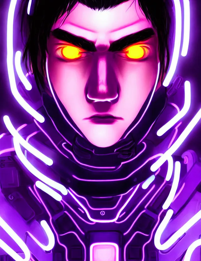 Prompt: a detailed manga portrait of a black haired cyborg man with glowing neon purple lights, trending on artstation, digital art, 4 k resolution, detailed, high quality, sharp focus, hq artwork, coherent, insane detail, character portrait