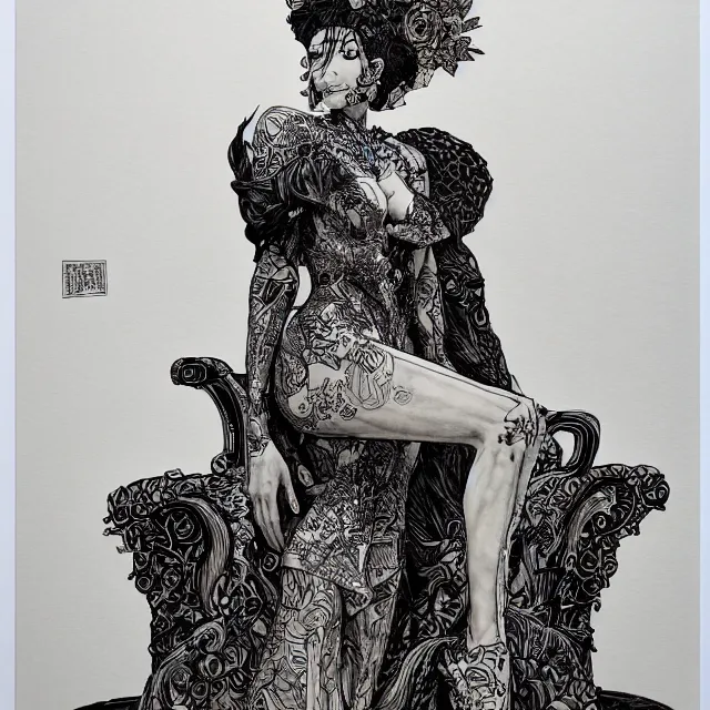 Prompt: salome full figure sitting on throne ink drawing by james jean very detailed high contrast xuan paper