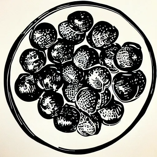 Image similar to bowl of fruit, linocut, very beautiful masterpiece