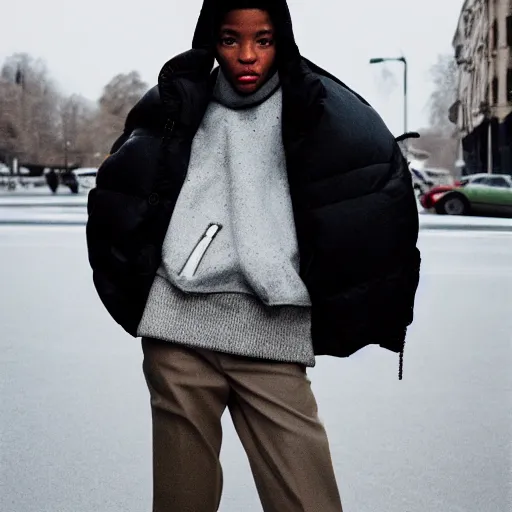 Image similar to realistic photoshooting for a new acne studio lookbook, color film photography, close up, model is wearing a puffer jacket, photo of a woman, photo in style of tyler mitchell, 3 5 mm, vetements, balenciaga, commes des garcon