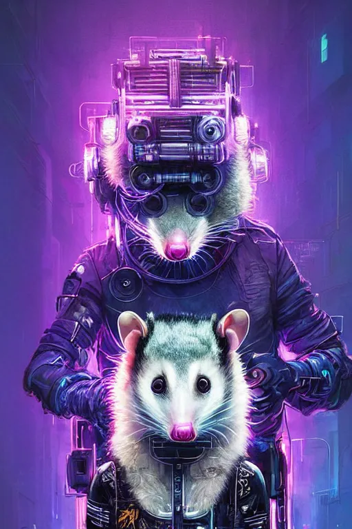 Image similar to a beautiful portrait of a cute cyberpunk opossum by sandra chevrier and greg rutkowski and wlop, purple blue color scheme, high key lighting, volumetric light, digital art, highly detailed, fine detail, intricate, ornate, complex, octane render, unreal engine, photorealistic