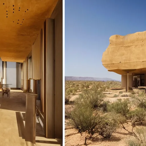 Prompt: biophilic hotel in the desert, high detaild, realistic, golden ratio