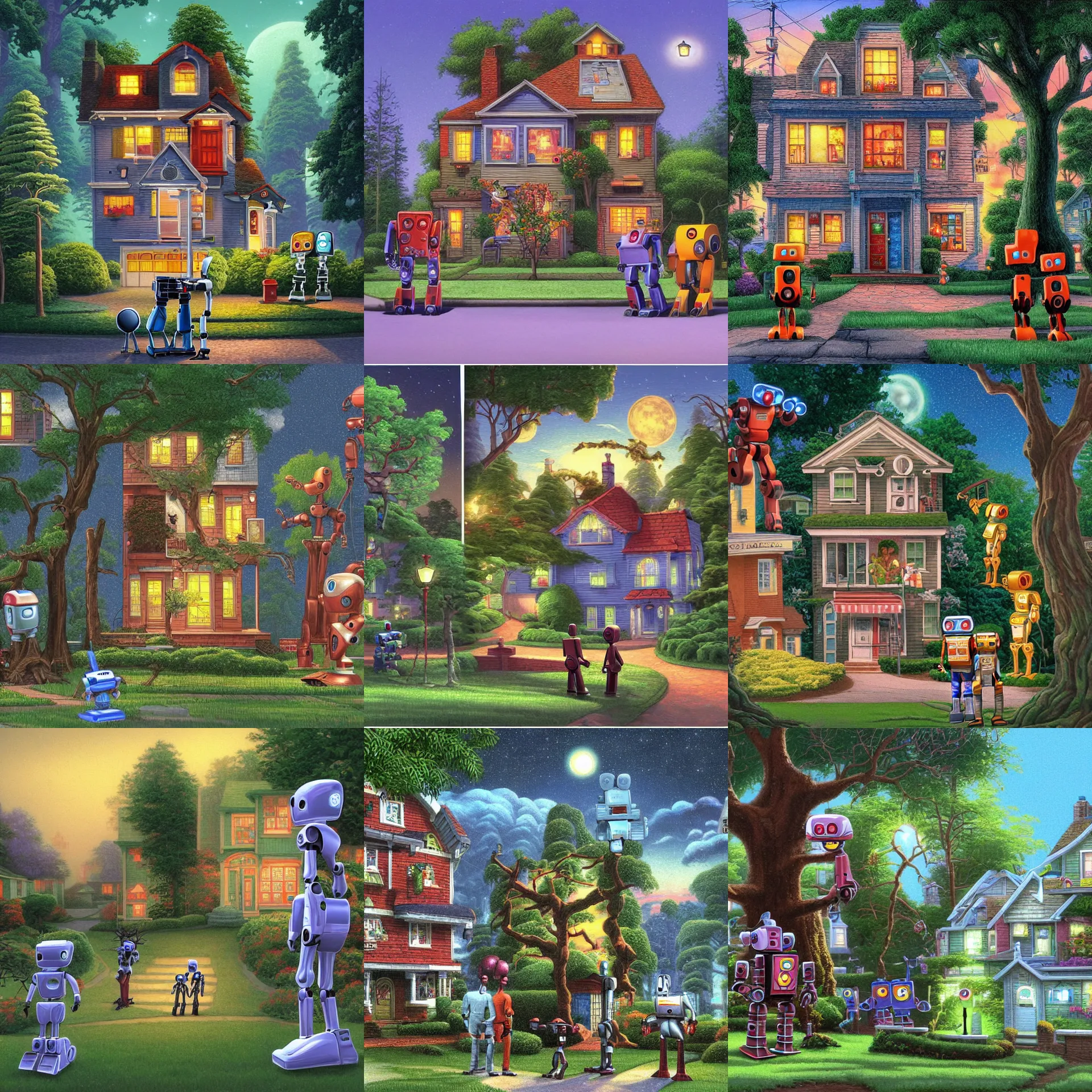 Prompt: two completely identical robots, standing outside a house with a tree to the side, one robot is looking at the house and one robot is looking at the tree, from a lucasarts point and click 2 d graphic adventure game, art inspired by thomas kinkade