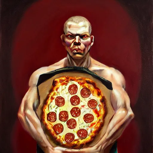 Image similar to portrait of fully dressed pizza as doomguy by alexander mcqueen, by roberto ferri, by tom bagshaw, by j. c. leyendecker and klimt, by austin osman spare, highly detailed oil painting, very intricate, cinematic lighting, award - winning, american romanticism, artstation, cgsociety, official art, octane