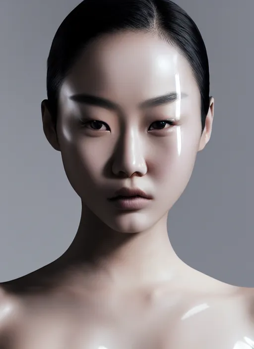 Prompt: a fierce nubile young asian woman with reflections in her eyes and slicked hair, wearing white latex bodysuit and mask, clear skin, elegant, graceful, fashionable, cinematic, hyperdetailed illustration by irakli nadar and alexandre ferra, depth of field, global illumination,