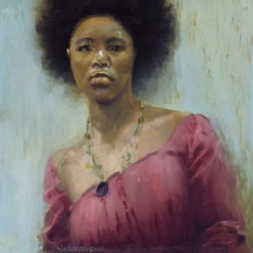 Prompt: medium closeup of an african woman with frizzy hair, white dress, downward gaze, choker necklace, by nick alm, jeremy lipking