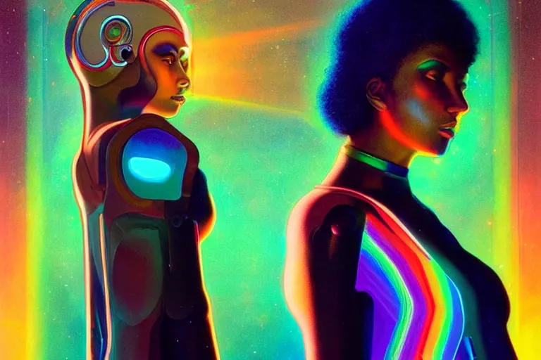 Image similar to patron saint of 👽 🌈👩🏾, futuristic clothing, woman and robot, disco party, neon god of city character portrait, in the style of moebius, tom bagshaw, and waterhouse, cinematic lighting, beautiful, elegant, oil painting,