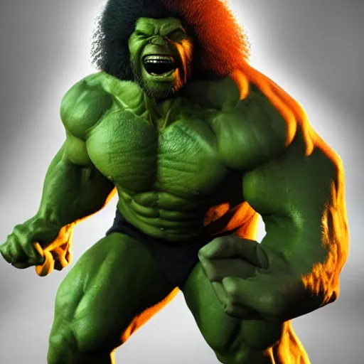 Image similar to full body portrait , photomanipulation of BOB ROSS as hulk with human flesh, marvel, fully detailed, volumetric lightening, octane render, 8k, masterpiece, epic composition