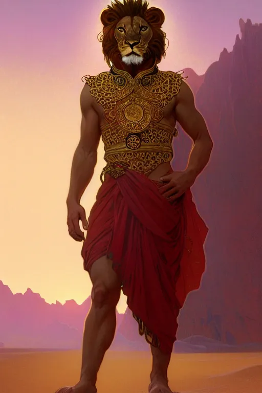 Image similar to full figure beautiful young fit antrophomorphic male lion, dressed with multicolored fluent clothes, luminous scene, by greg rutkowski and alphonse mucha, d & d character, gradient red to gold, in front of a dune desert background, highly detailed portrait, digital painting, artstation, concept art, smooth, sharp focus illustration, artstation hq