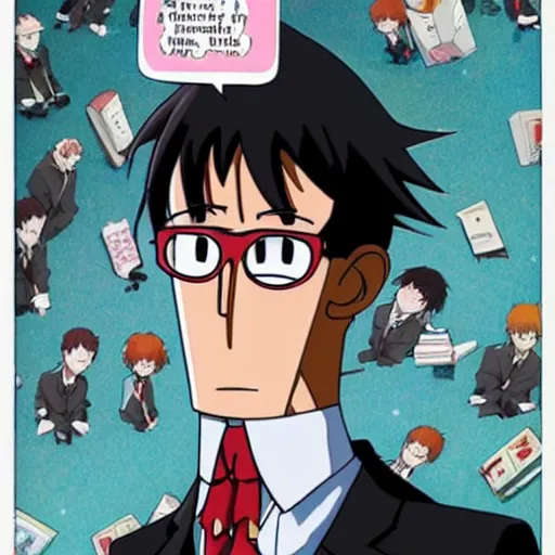 Image similar to anime!!!!!!!!!!!! evangelion with dilbert's head and flipped - up tie