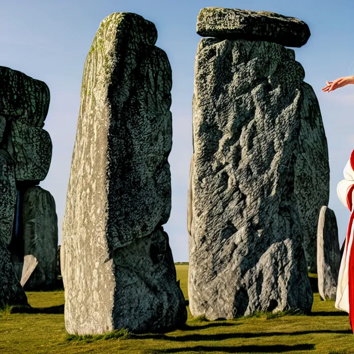 Prompt: photograph of a real-life beautiful druid with ornate robes at stonehenge . Extremely detailed. 8k