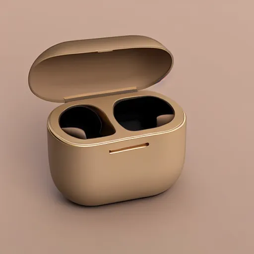 Image similar to a single beige truly wireless earbud with gold accents, beige case, studio, product photo