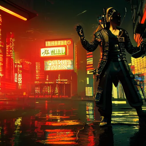 Image similar to cyberpunk samurai, with techware, subject centered in the frame, golden ratio, rule of thirds, volumetric lighting, prismatic neon accents, D&D, intricate, elegant, highly detailed, digital painting, japanese , altered carbon style, trending on artstation, unreal engine 5, octane render, redshift, concept art, art by Artgerm and Greg Rutkowski and Alphonse Mucha