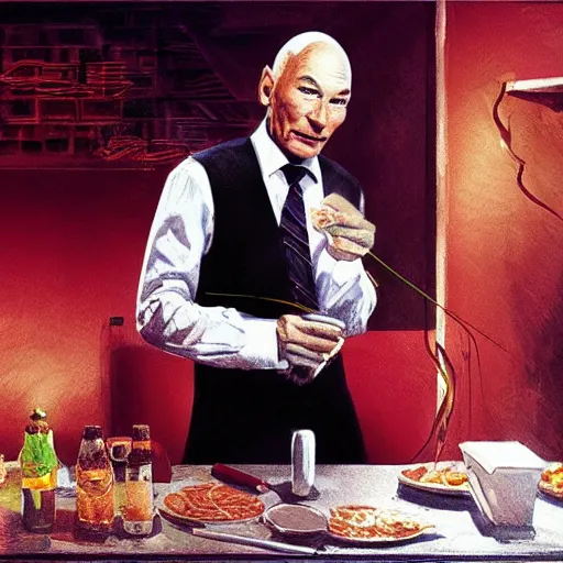 Image similar to patrick stewart eating spaghetti in strip club concept art, ultra realistic, digital art, rich deep colors, smooth shadows, high resolution, cinematic