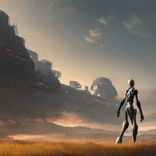 Prompt: a giant female robot in the distance, digital art, 8 k resolution, unreal engine, highly detailed, photorealistic by wlop, greg rutkowski