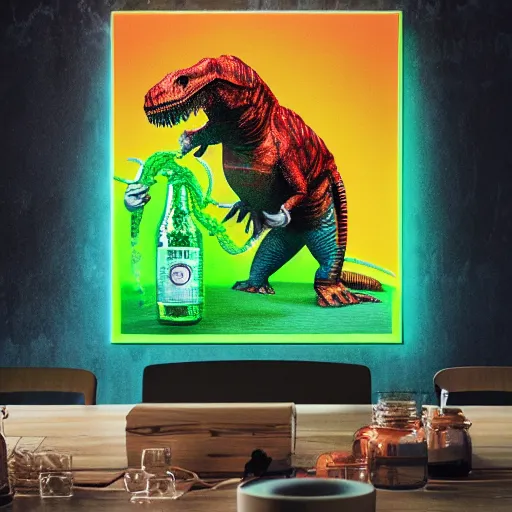 Prompt: t - rex drinking a giant ipa, hop plants everywhere, intricate complexity, inverted rainbow drip paint, psychedelic glitch art, trending on art station, photoreal, 8 k, octane render