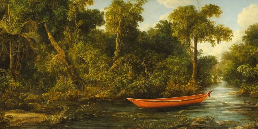 Prompt: painting of a river in the jungle with a small boat in the distance