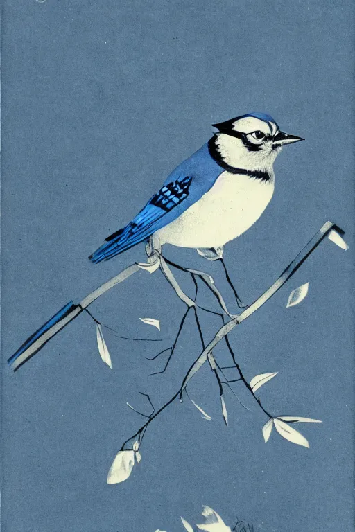 Prompt: a blue jay sitting on top of a tree branch, an illustration of by laszlo moholy - nagy, behance, sosaku hanga, cyanotype, photoillustration, calotype