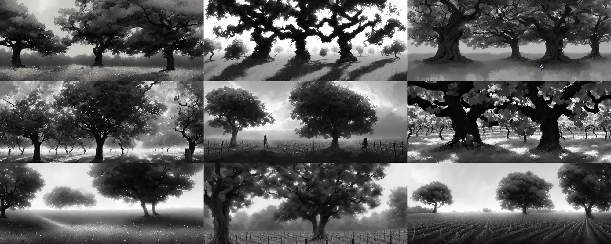 Prompt: black oak in the middle of a vineyard, black and white illustration, digital painting, concept art, trending on artstation, pixiv, art by ruan jia and makoto shinkai, very coherent, exquisite lightning, detailed, clear focus