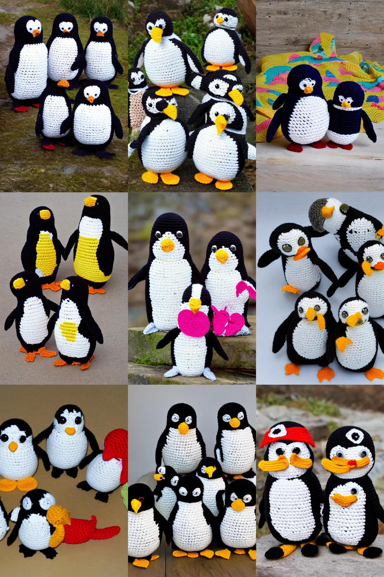 Prompt: happy crocheted penguins, 2 0 3 0 s catalogue photo,