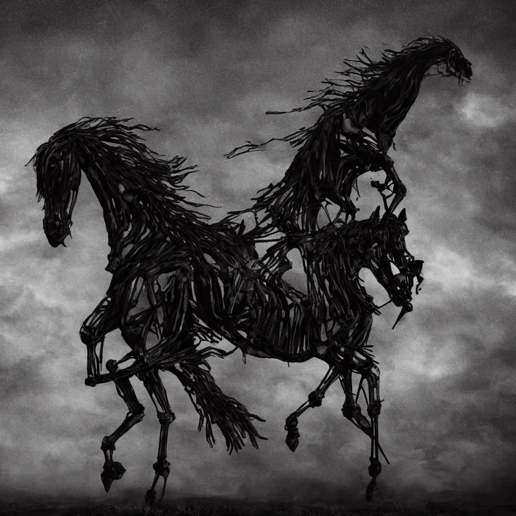 Image similar to a skeleton in a dark veil on a horse, dark and mysterious, stopped in time, atmospheric, ominous, eerie, cinematic, epic, 8 k, 4 k, ultra detail, ultra realistic