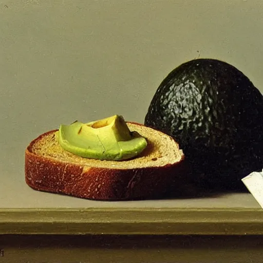 Image similar to still life by willem claesz heda, avocado toast, money