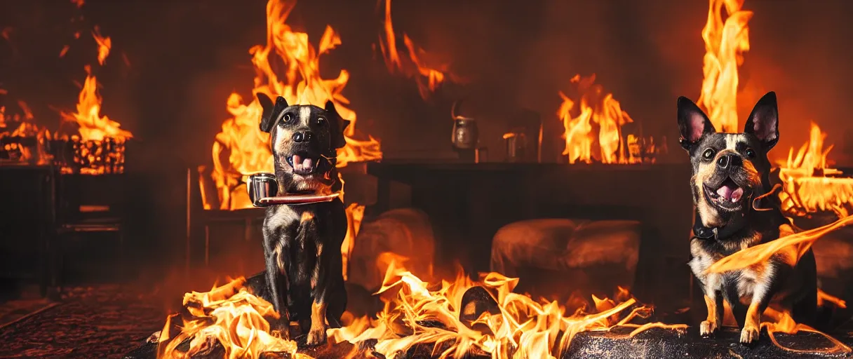 Prompt: a photograph (flash on) of one relaxed anthropomorphic dog sitting on a wooden chair at a table (no fire at all there), it is surrounded by flames, there is a full cup of coffee on the table, huge fire on a dining room in the background, a lot of flames behind the dog, black smoke instead of the ceiling, no watermark