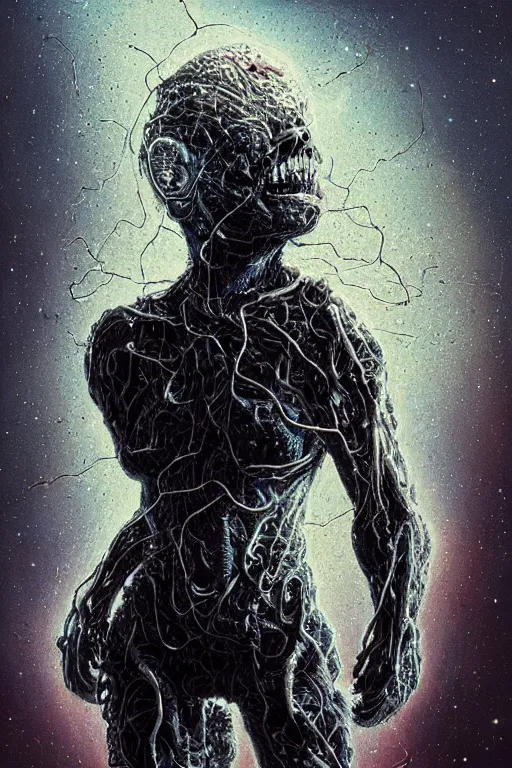 Image similar to poltergeist fused with a cosmic fleshy cyborg, the thing, few cable wires hanging on the body, ghostly, gnarly, portrait, intricate details, by vincent di fate, artgerm, julie bell, beeple and Greg Rutkowski, 80s, concept, Smooth gradients, octane render, 8k, High contrast, duo tone, depth of field, very coherent symmetrical artwork