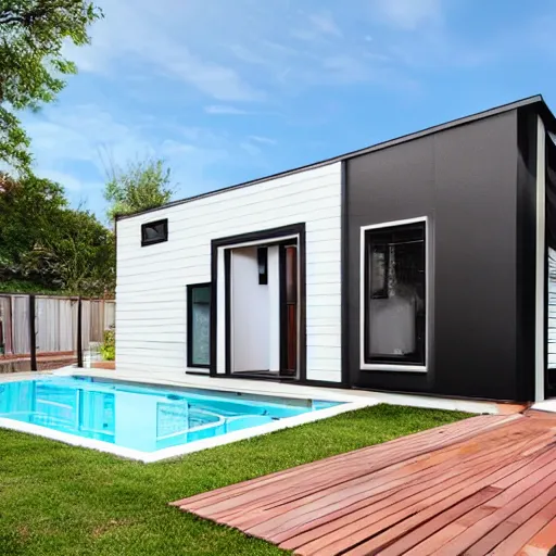 Prompt: a modern tiny home duplex with a pool