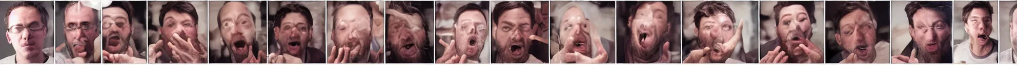 Image similar to 8 progressing consistent frames from a video of a man talking while on fire