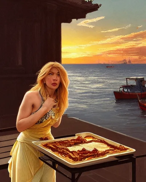 Image similar to Portrait of Michael Mcintyre & a blonde lady eating lasagna on waterfront in Porto, sunset, real life skin, intricate, elegant, highly detailed, artstation, concept art, smooth, sharp focus, art by artgerm and greg rutkowski and alphonse mucha