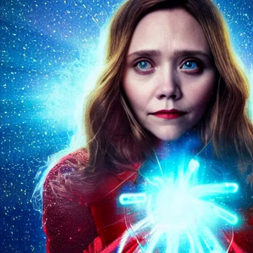 Image similar to Elisabeth Olsen as Scarlet Witch with a glowing aura around her, head and shoulders portrait, extremely detailed masterpiece, one single continues line.