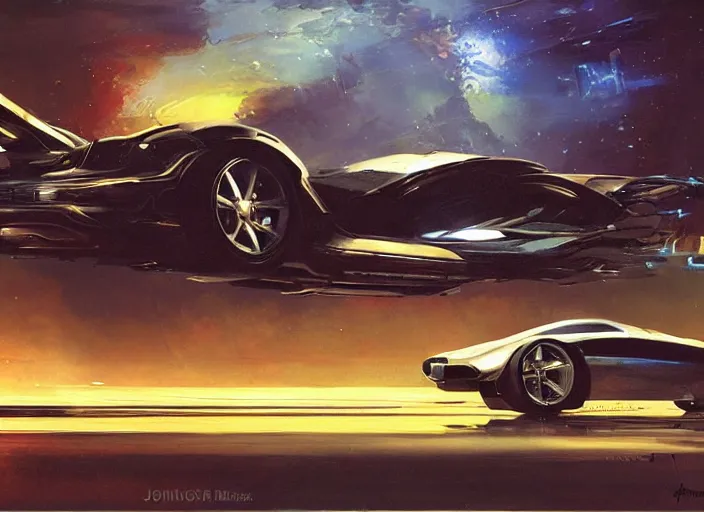 Prompt: luxurious futuristic sportscar with renaissance inspiration by John Berkey and Vincent Di Fate, rule of thirds, concept car, beautiful, in intergalactic hq, ethereal lighting, smooth, masterpiece, Refined