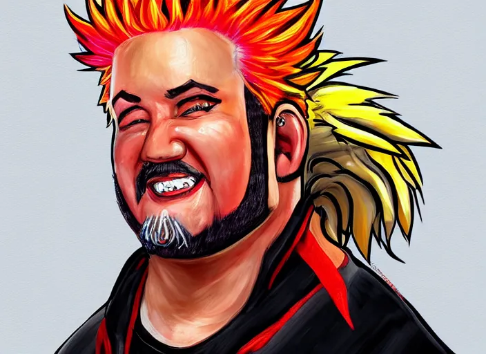 Image similar to painting of guy fieri as a character in the game league of legends, with a background based on the game league of legends, detailed face, painterly, digital art, angular!!