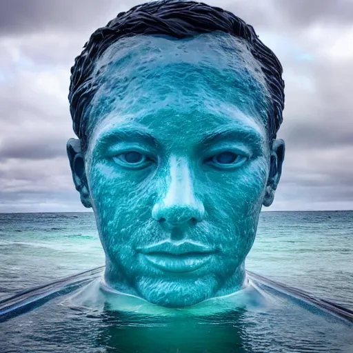 Image similar to a giant sculpture made out of water of a human head on the ocean, made purely out of water, cinematic, in the style of johnson tsang, long shot, hyper detailed, hyper realistic, ray tracing, 8 k resolution, sharp focus, realistic water, award winning